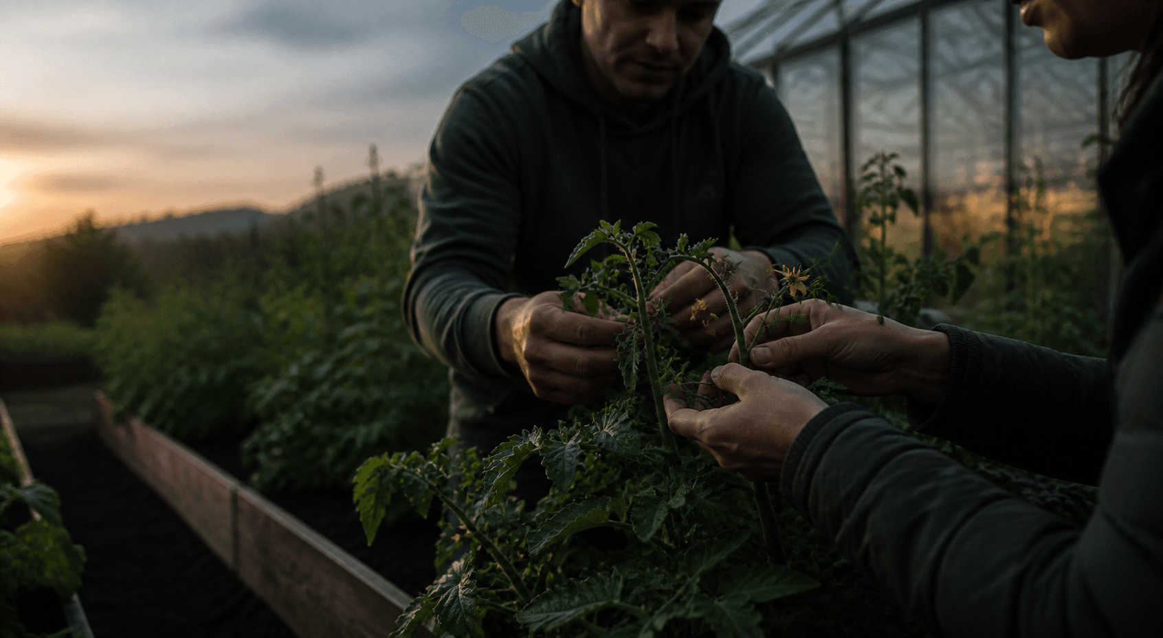 Kupac i proizvođač promatraju biljku u vrtu